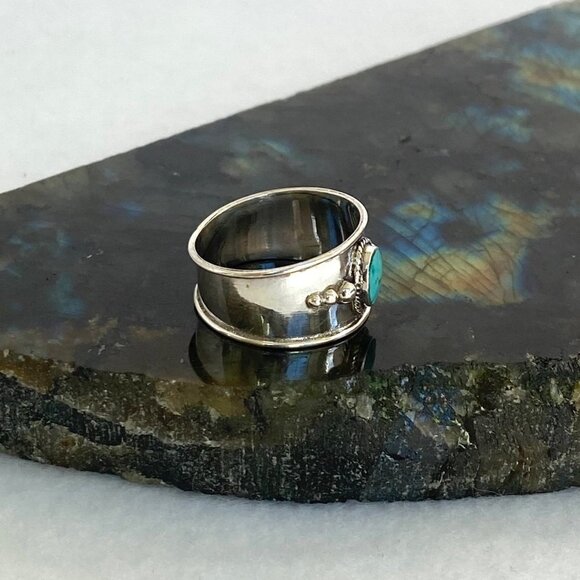 Sterling Silver 925 Oval Bezel Set Turquoise Cigar Band Ring Size 5.75 NEW - Picture 6 of 16